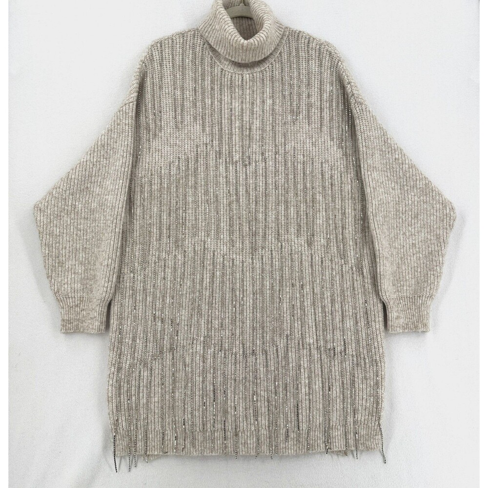 Forever 21 Sweater Dress L Oatmeal Rhinestone Fringe Turtleneck Oversized Tunic